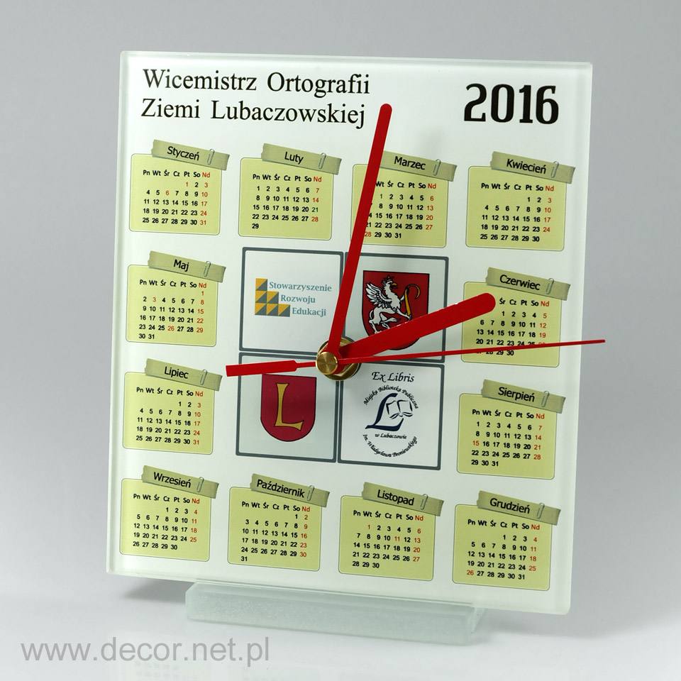 Zegar reklamowy szklany z kalendarzem do biura
